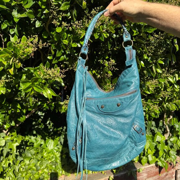 Auth 2005 Balenciaga Teal Turquoise Green Blue Chevre Day Shoulder Hobo Bag - Picture 5 of 15